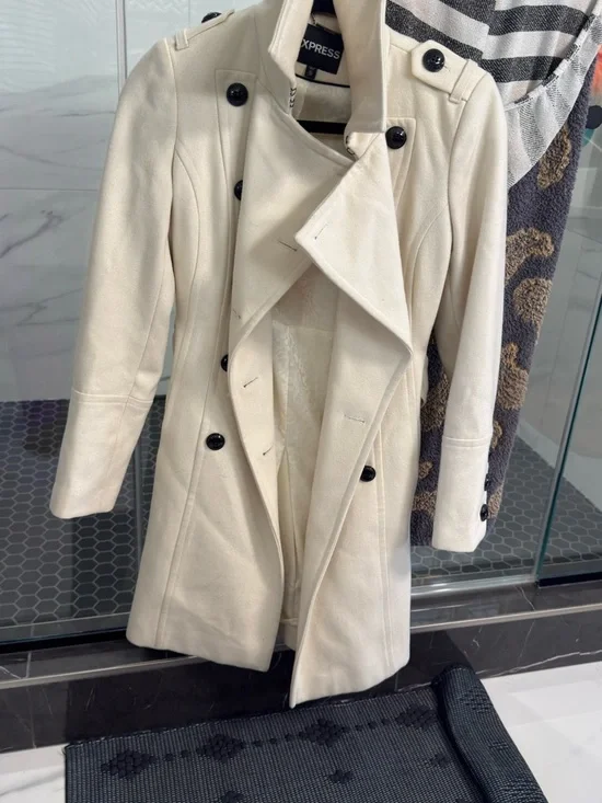 Express Cream Double-Breasted Wool-Blend Trench Coat - Picture 3 of 3